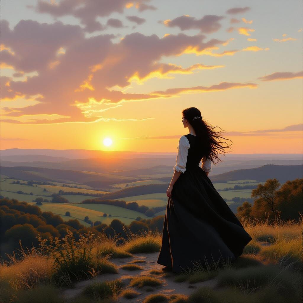 Lonely Woman Overlooking Landscape in Hudson River Style