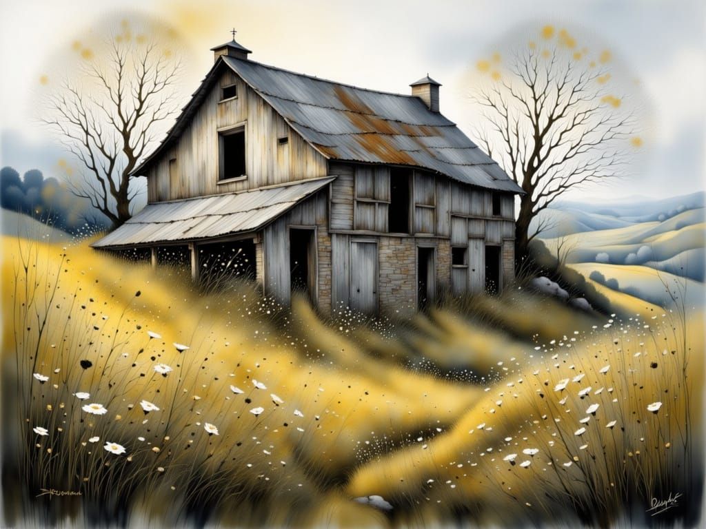 Hyperrealistic Oil Painting of Ruined Barn in Spring