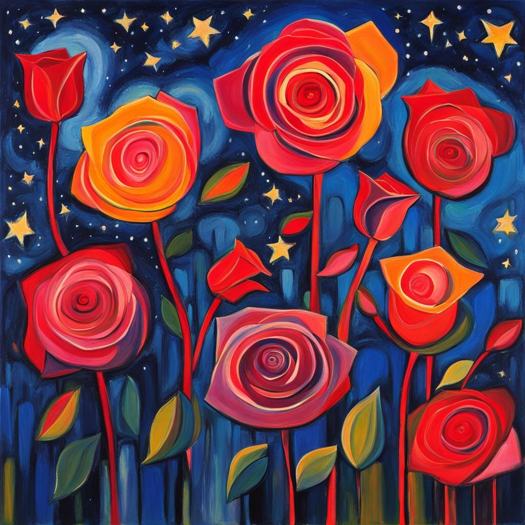Abstract Roses Under Starry Sky in Abstract Expressionist St...
