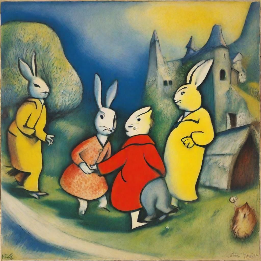 Rabbits Ride South to War in Woodcut Style