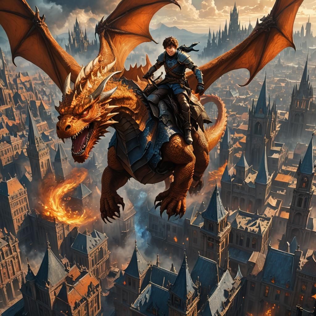 Boy Riding Dragon Above Gothic Cityscape