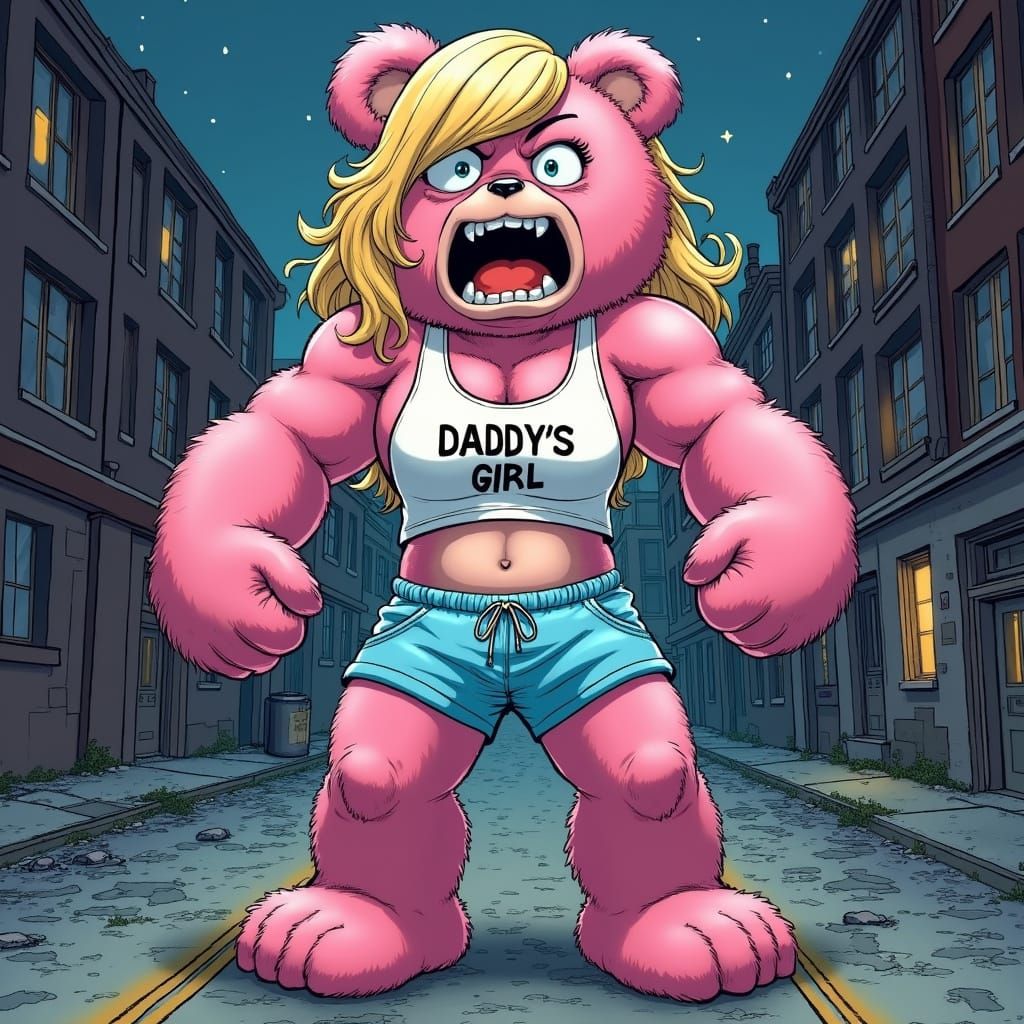 Fuzzy Pink Teddy Bear Superhero in Comic Book Style