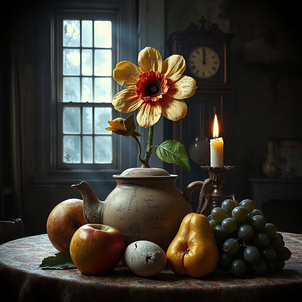 Surreal Still Life: Grandfather Clock and Collage Flower