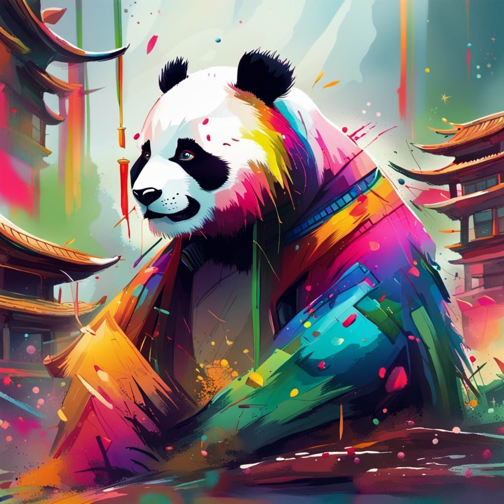 Colorful Panda with Bamboo and Chinese Houses