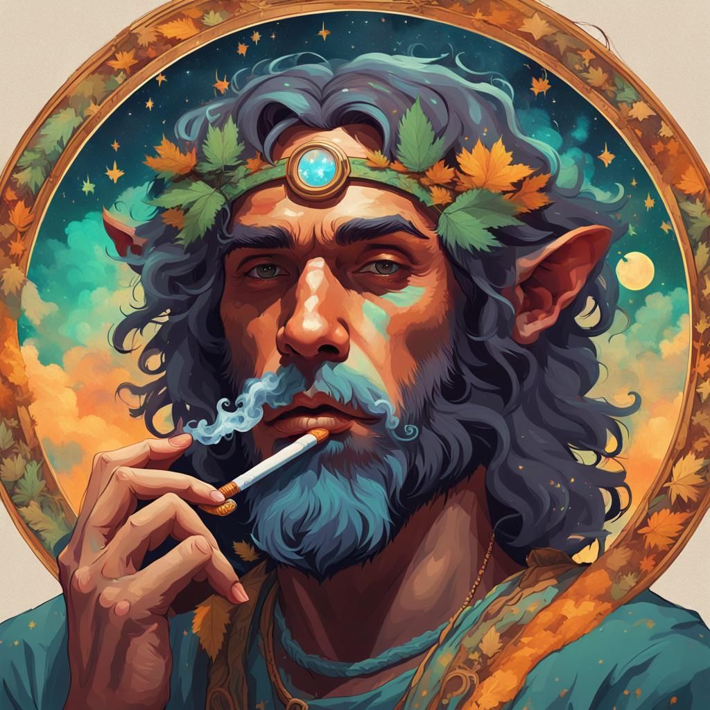 Psychedelic Satyr Druid Smoking, Detailed Portrait