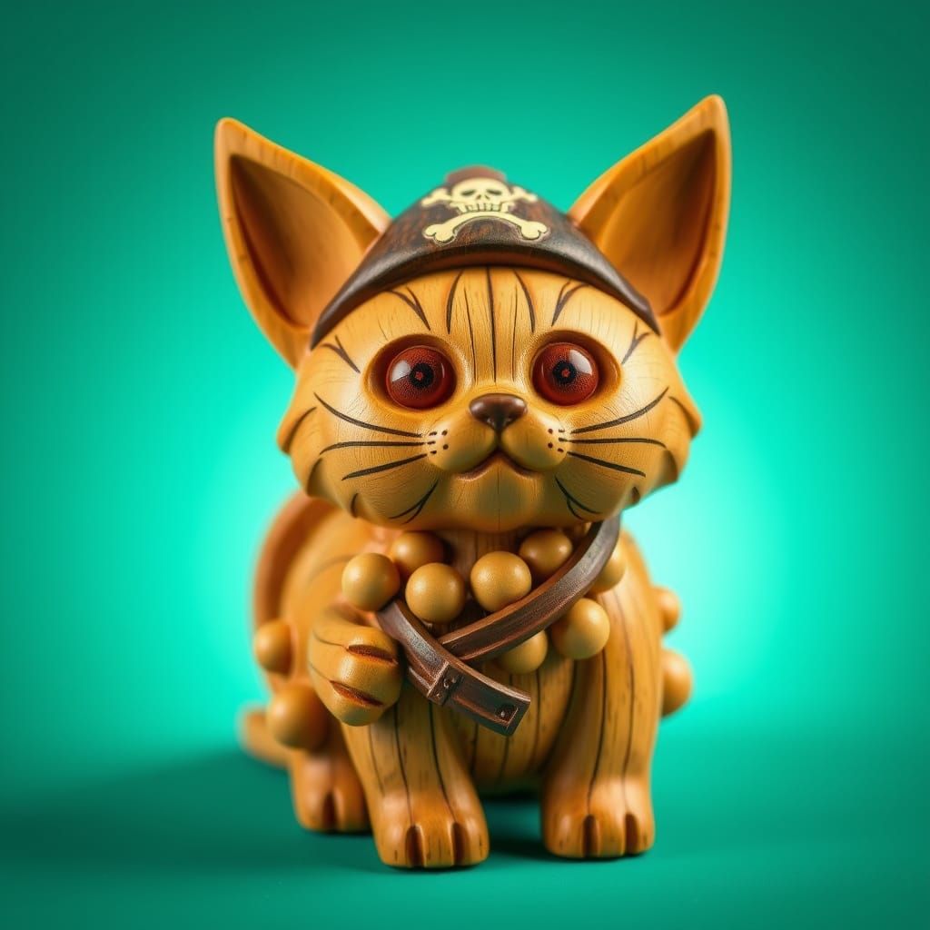 Detailed Wood Carved Popcorn Cat Pirate Toy