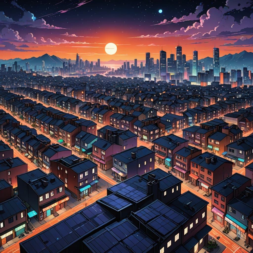 Cyberpunk Night Sky Over Futuristic Suburb with Solar-Powere...