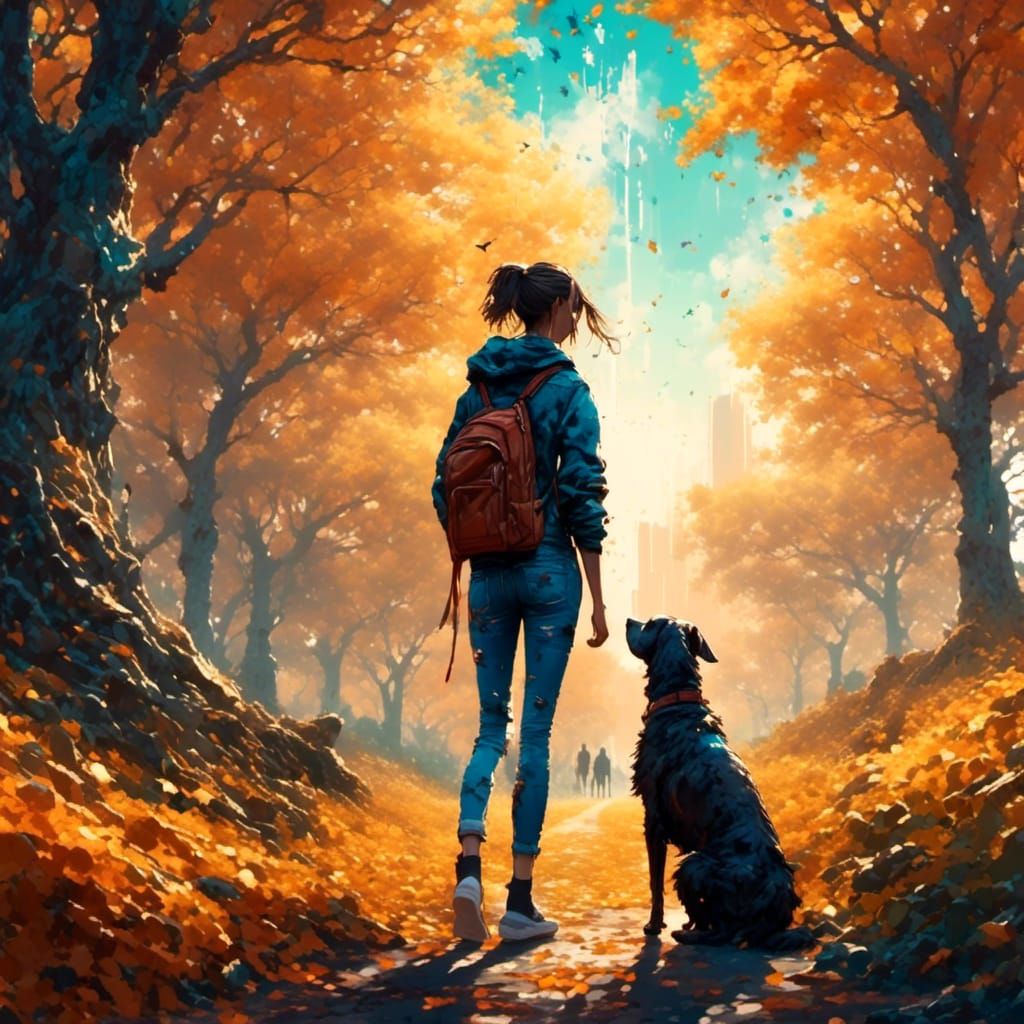 Woman and Dog in Park: Concept Art Portrait