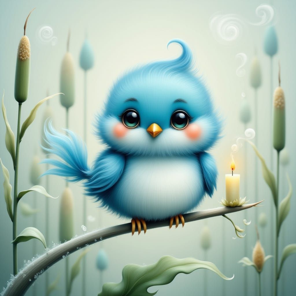 Whimsical Blue Bird Perched on Frosted Cattail