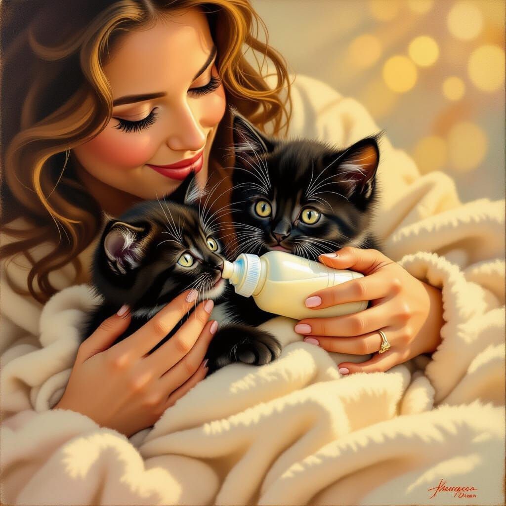 Woman Gently Feeds Black Kitten From Bottle