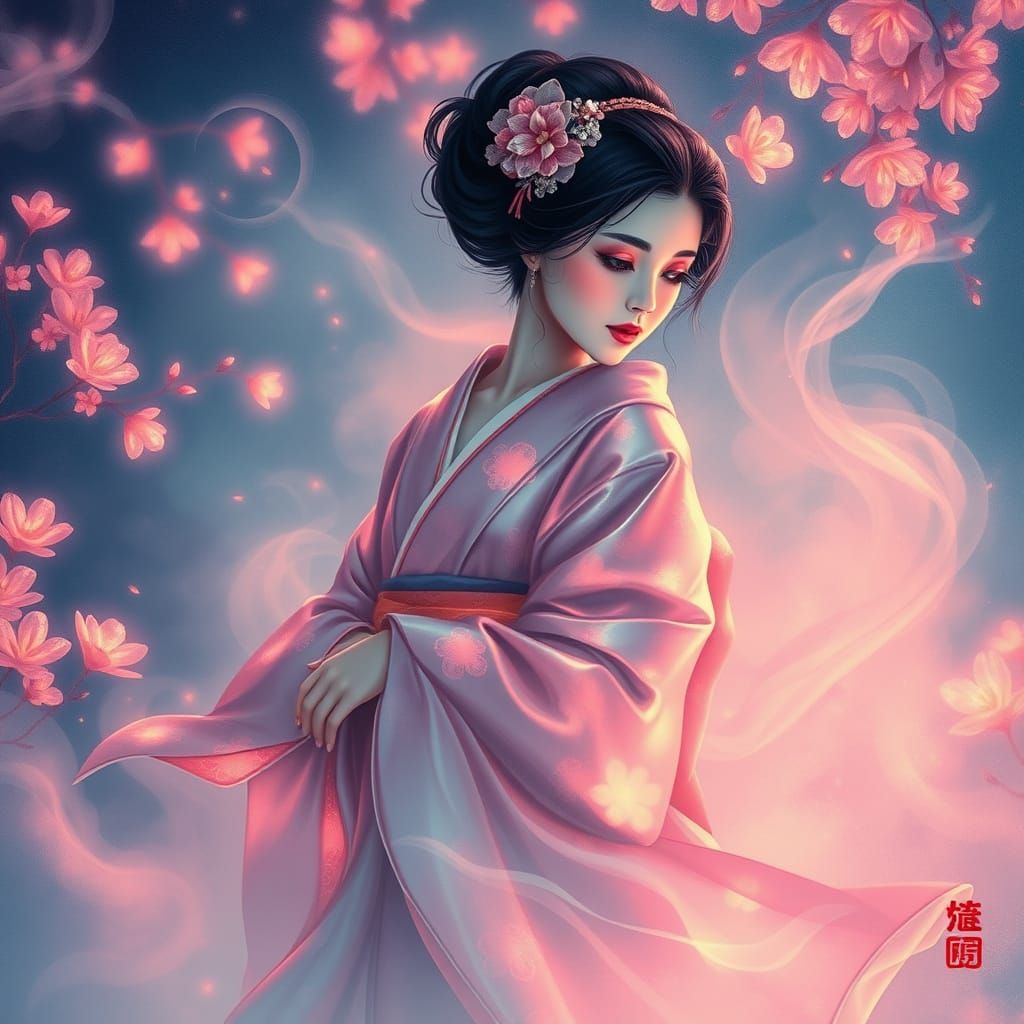 Ethereal Geisha in Dream Garden, Psychedelic Woodblock Style