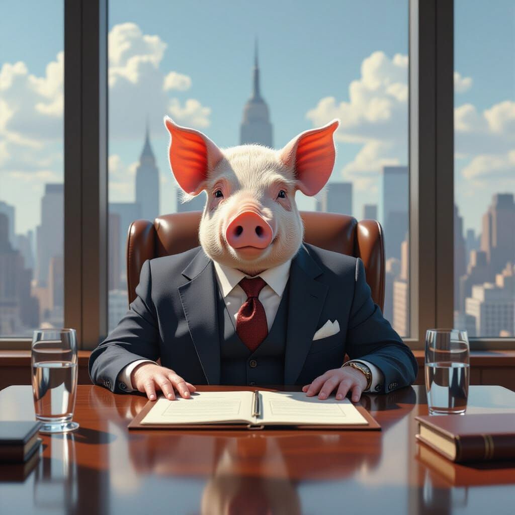 Pig in Suit at Business Meeting, Rockwell Style
