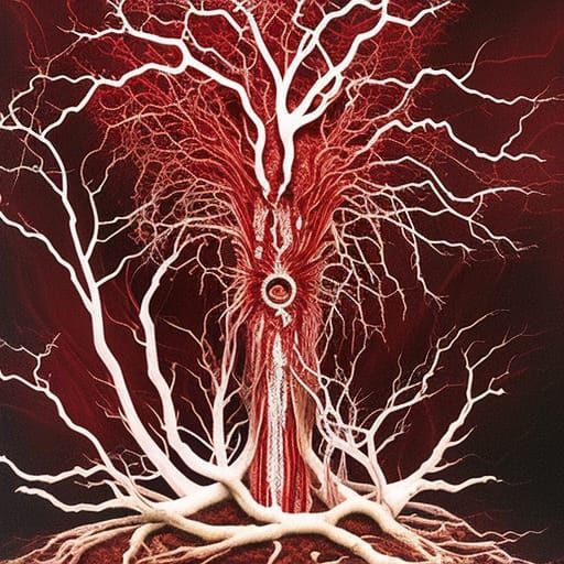 demonic brain made of dripping bloody dendritic veins and deformed human body parts, grotesque body horror art
