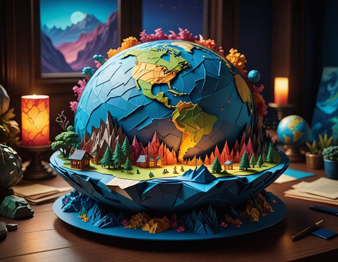 Intricate Papercraft Earth Miniature in Dramatic Lighting