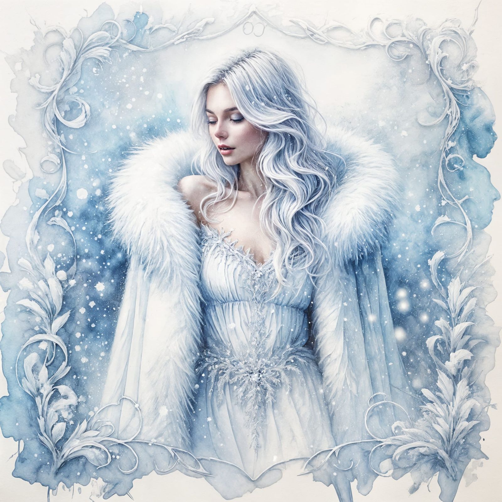 Surreal Watercolor of Ethereal Woman in Fading Snow