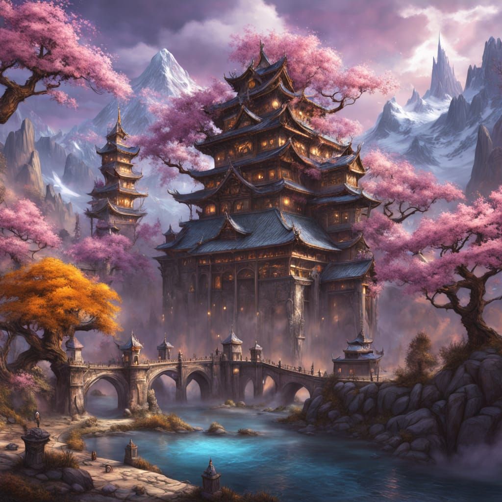 Sakura Tree by Lake, Majestic Mountains and Temples