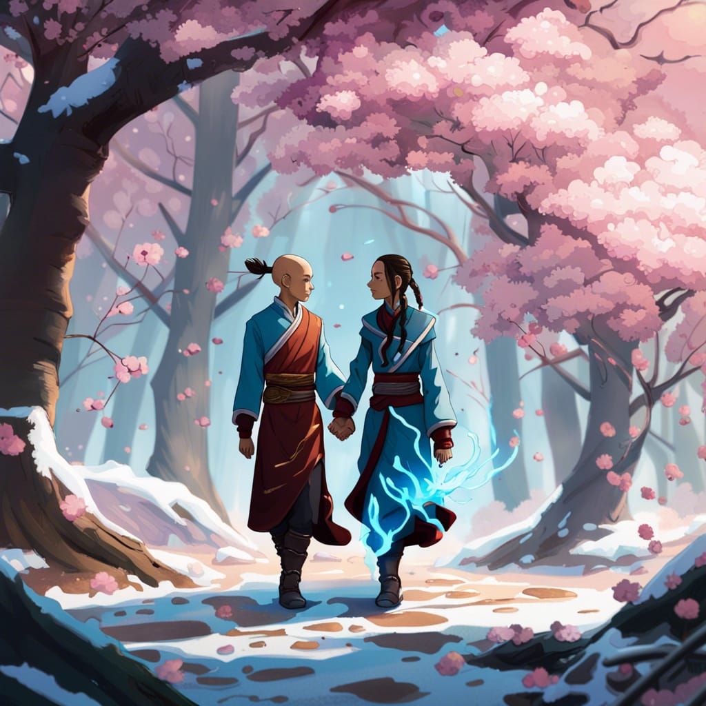 Aang and Katara in Wintery Blossom Forest