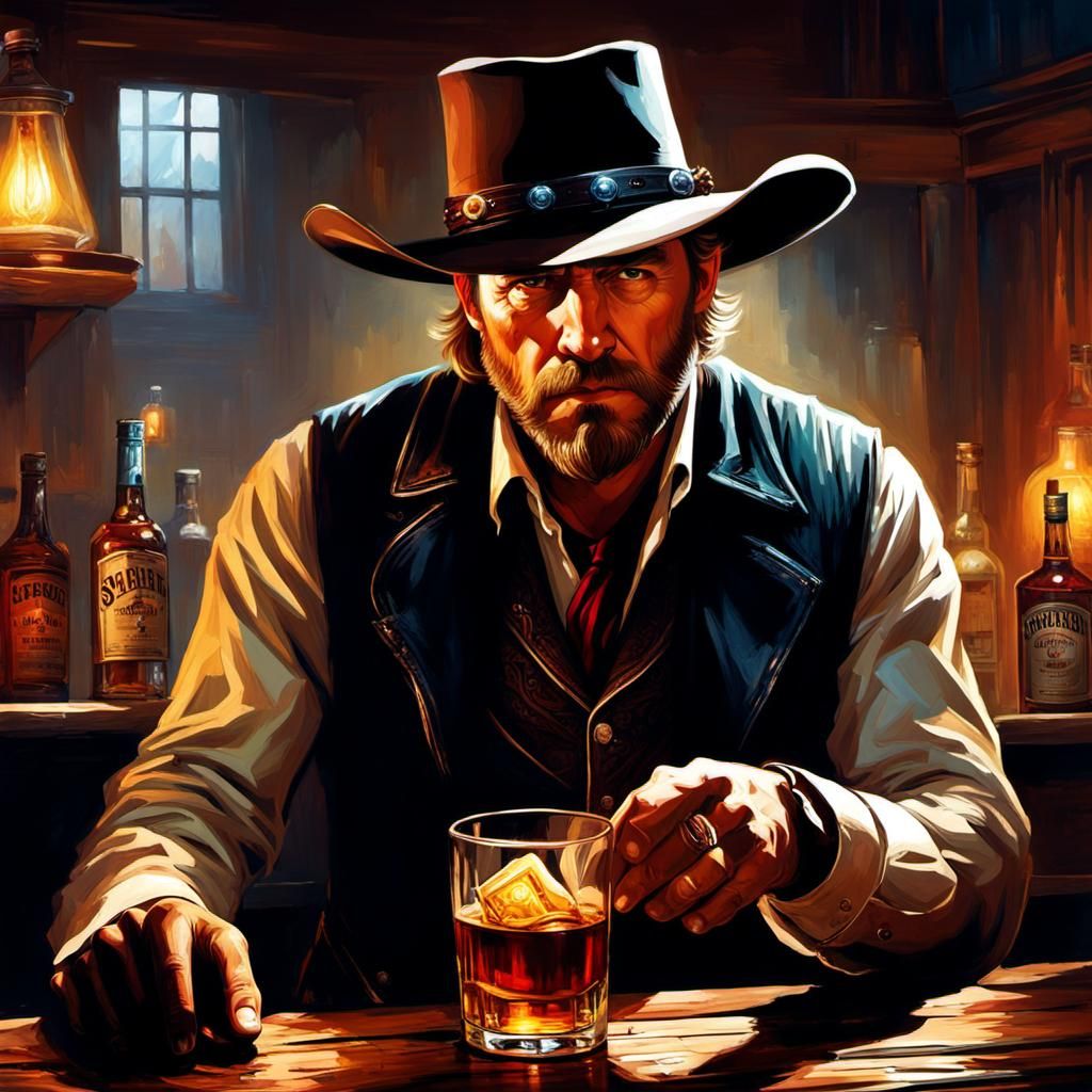 A rough dirty wild west outlaw gunslinger drinks whiskey in a saloon bar