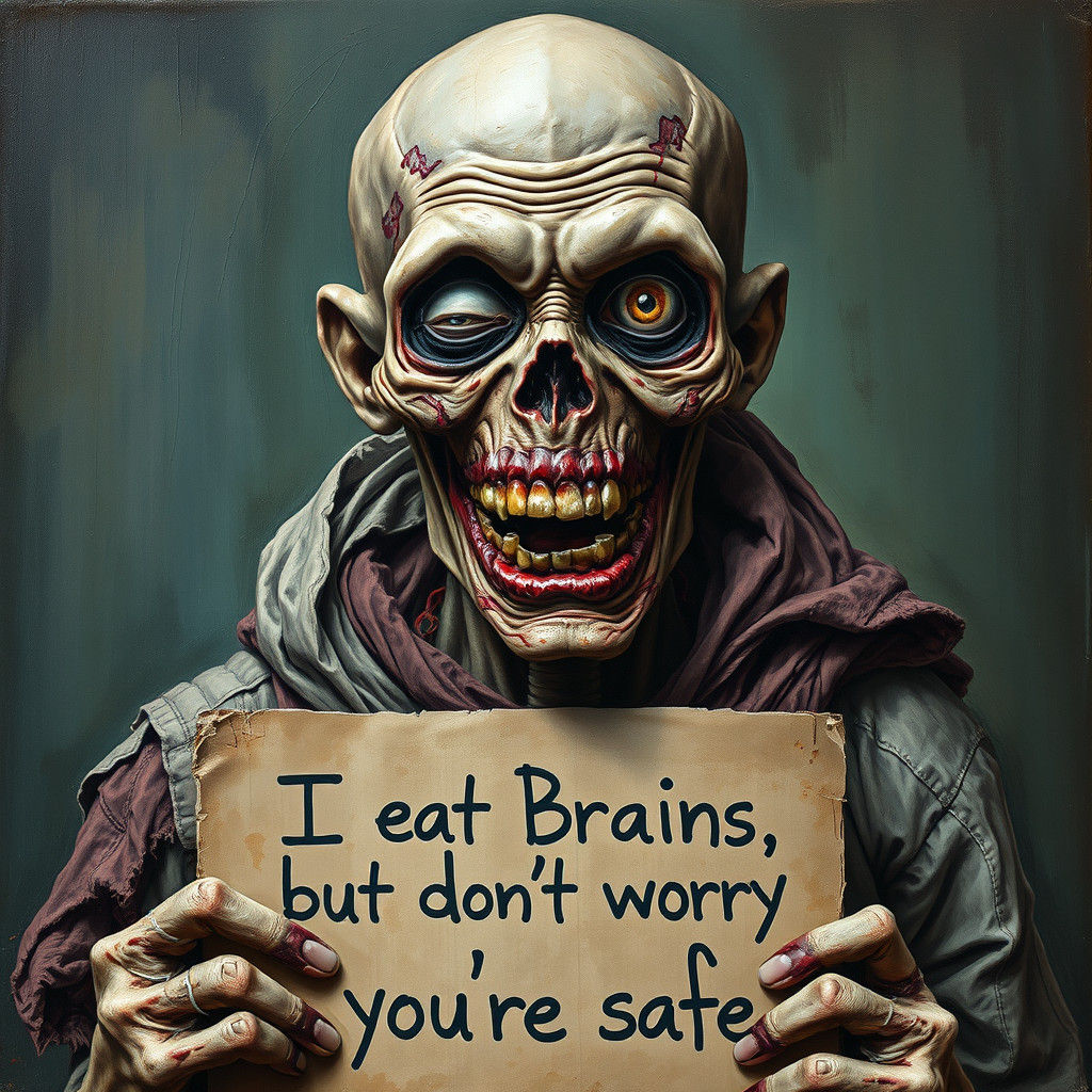 Smiling Zombie with Sign: Acrylic Impasto Painting