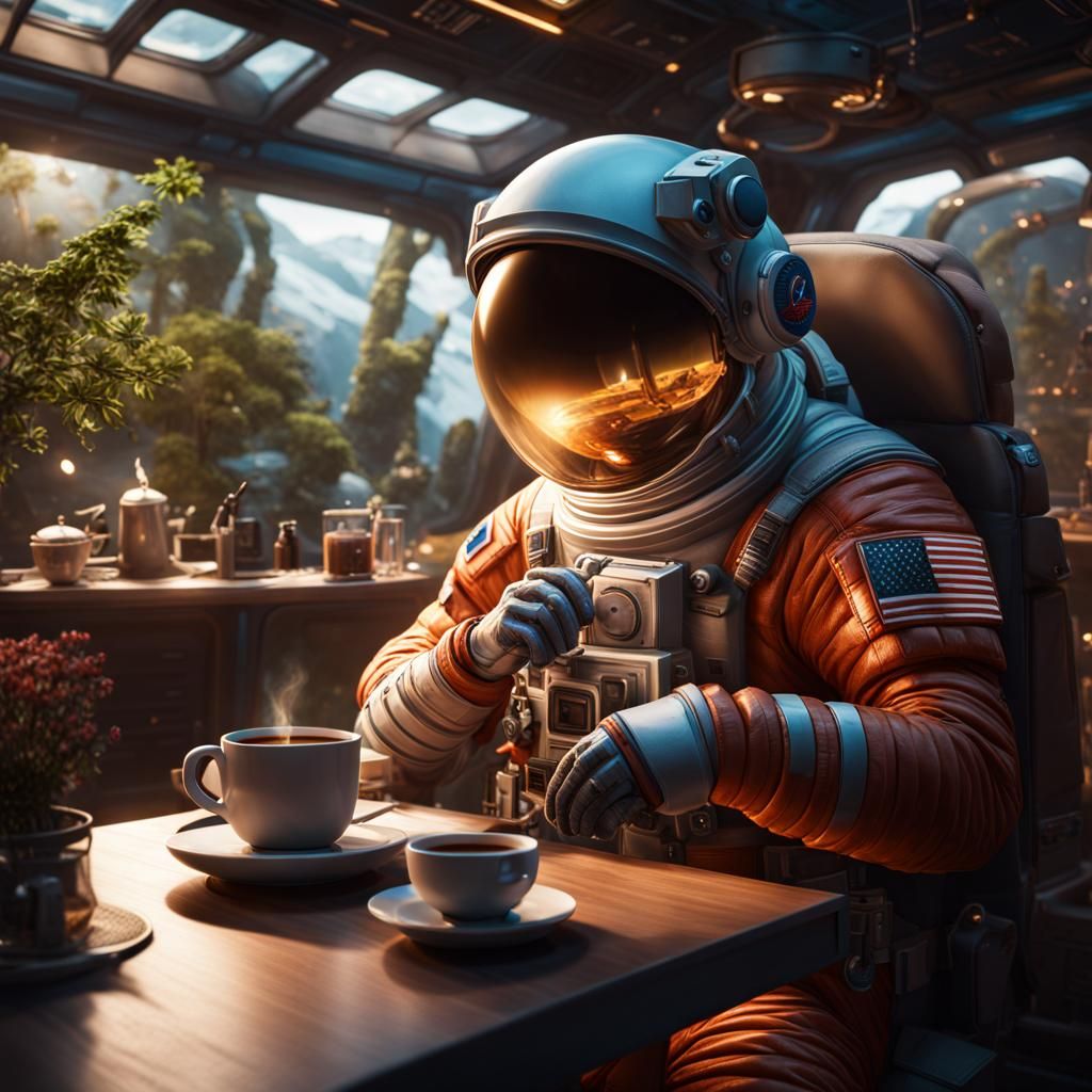 Astronaut at Space Cafe: Hyperrealist Digital Art
