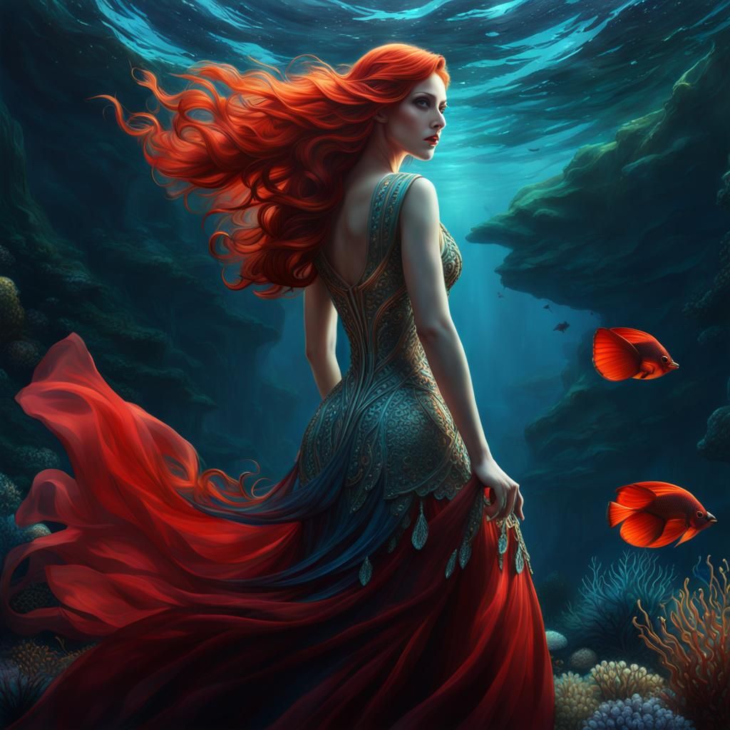 Ethereal Woman in See-Through Dress Under Water