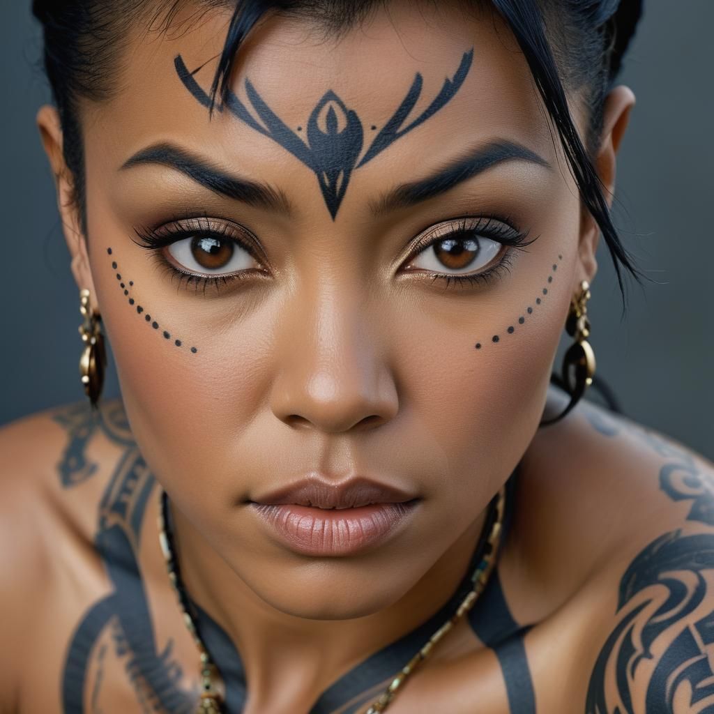 Beautiful Blasian Woman Portrait with Tribal Tattoos