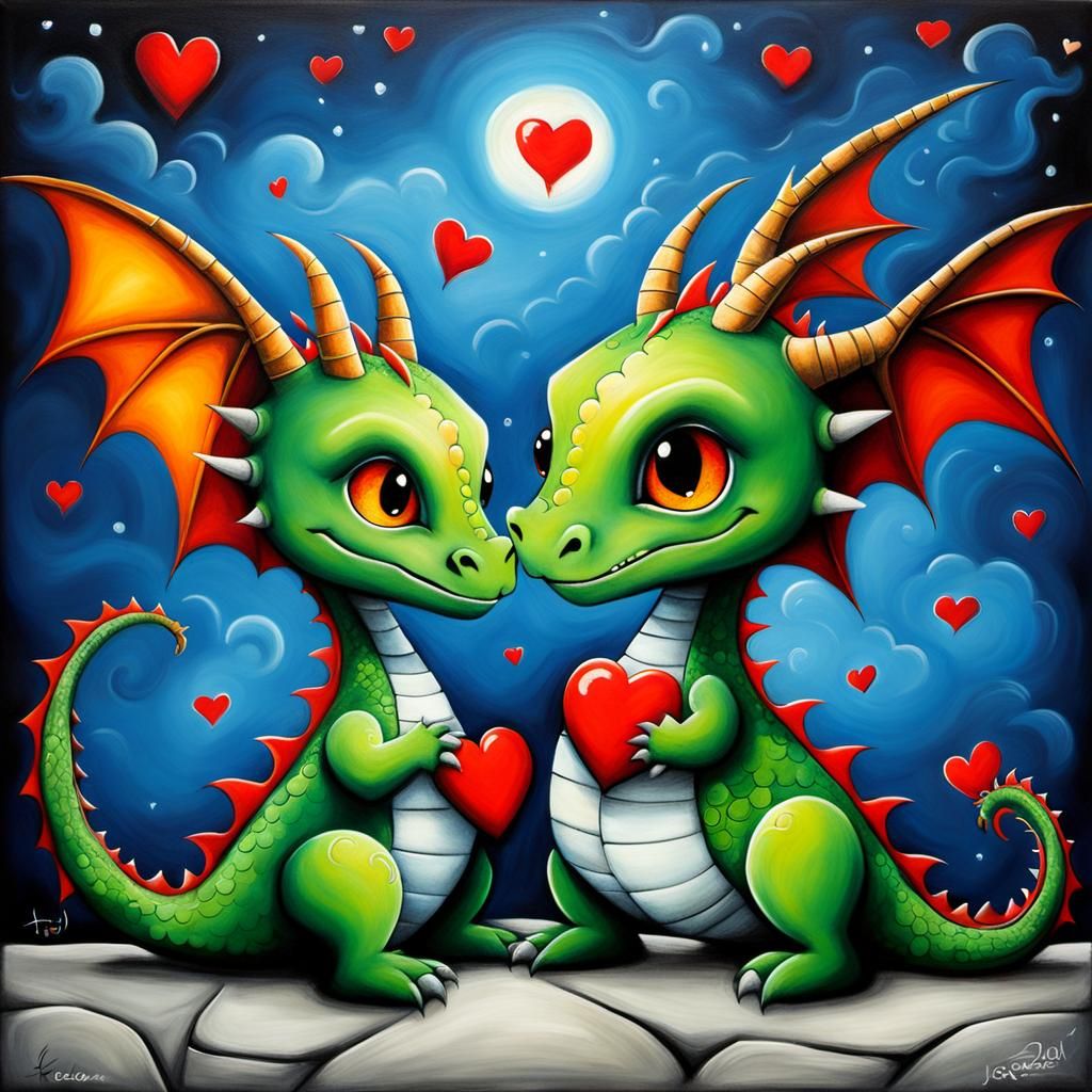 Whimsical Dragon Couple in Loving Embrace