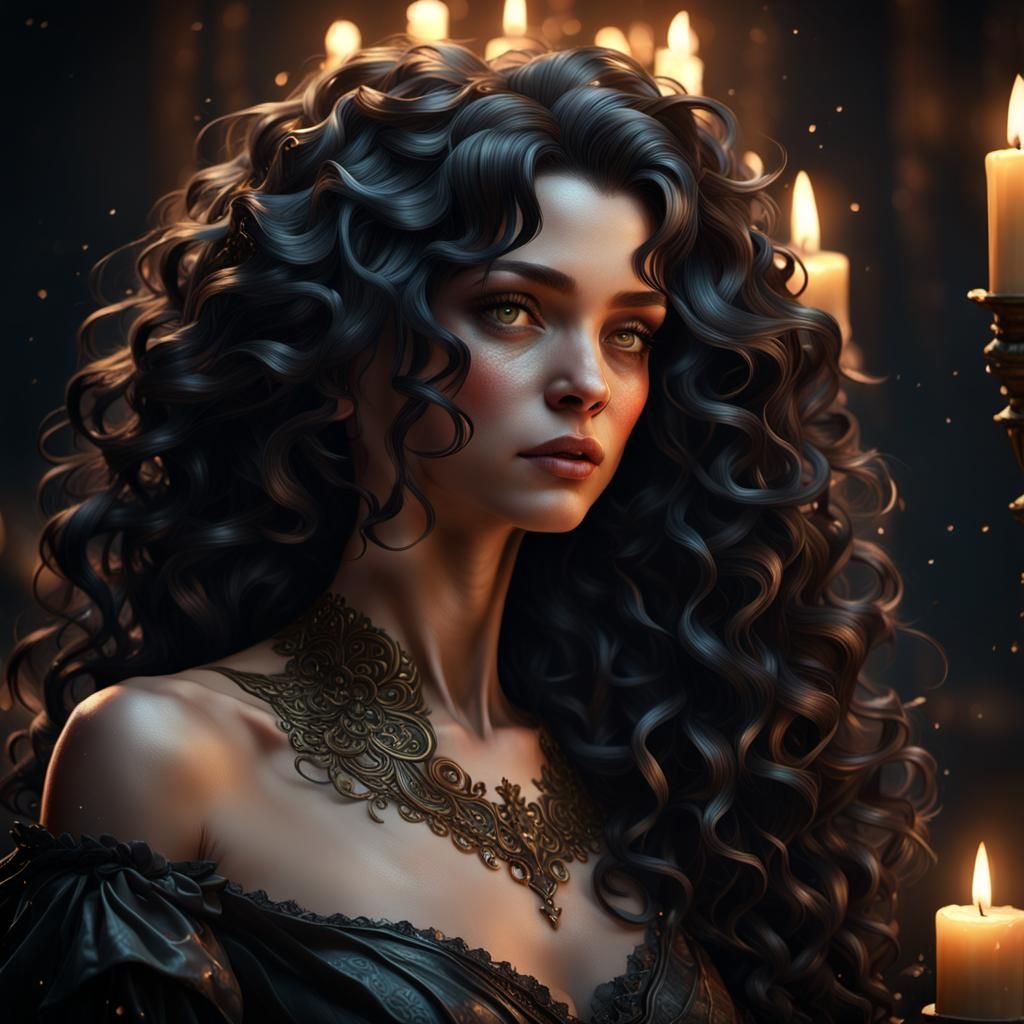 Dark Fantasy Woman with Voluminous Hair in Candlelight