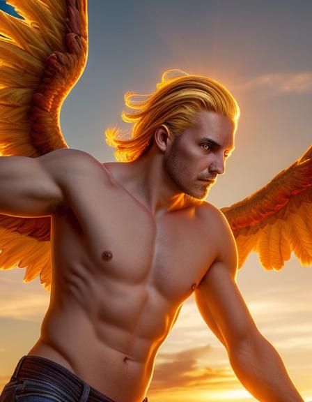 Phoenix-Human Hybrid Portrait with Celestial Sky