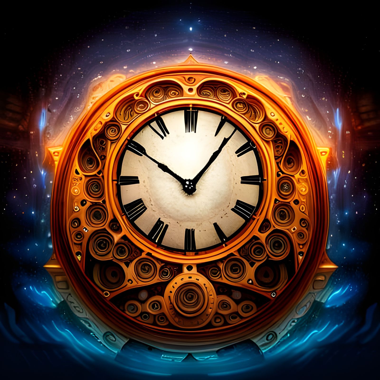 Cosmic Ornaments Surround Old Wooden Clock