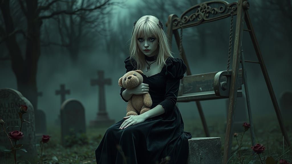 Gothic Woman in Graveyard with Plushie