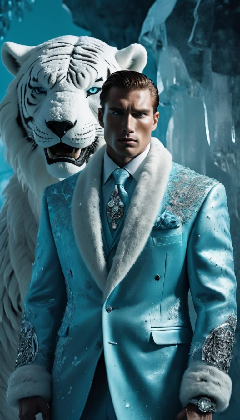 Tiger Warrior in Icy Blue Couture: High-Fashion Portrait