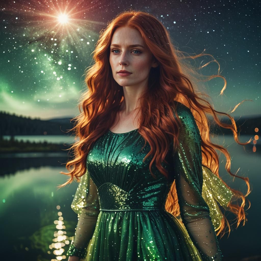 Red-Haired Woman in Sparkling Green Dress