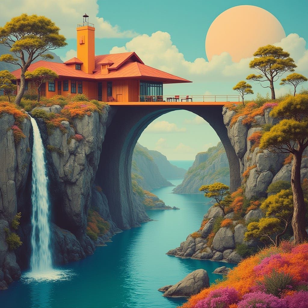 Surreal Futuristic Cliffside Oasis in Vibrant Colors