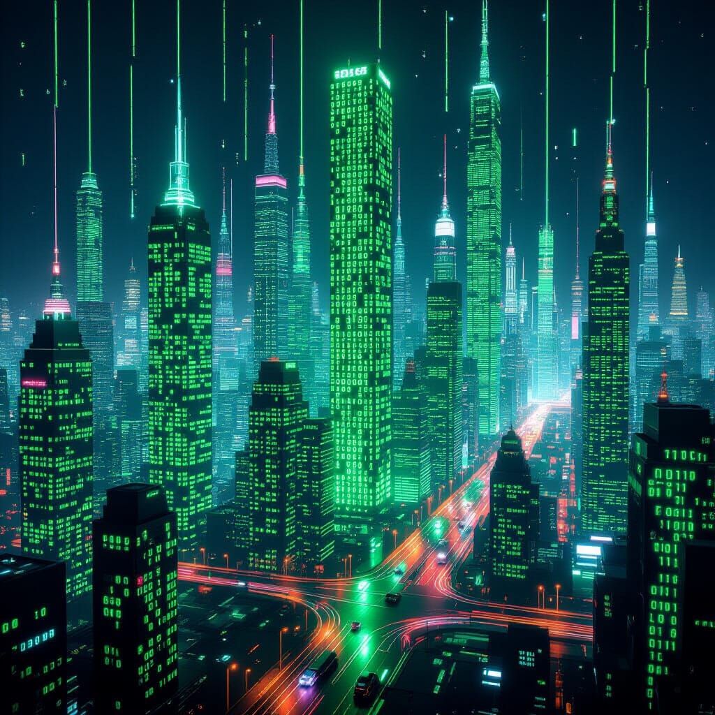 Futuristic City Made of Glowing Green Binary Code