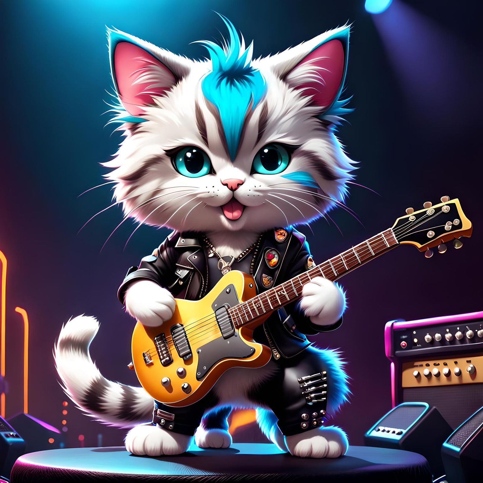 Cartoon Cat Rockstar in Neonpunk Style