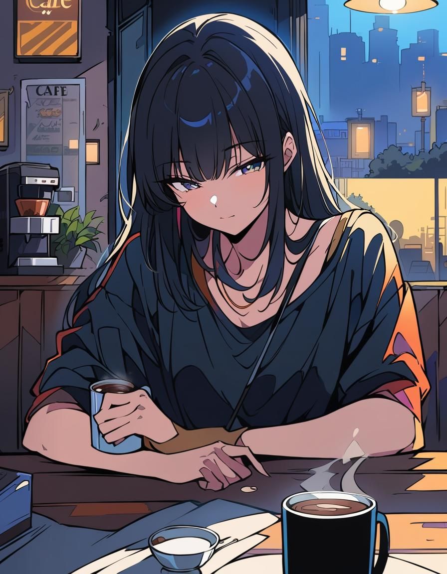 80s Anime Girl in Dimly Lit Cafe