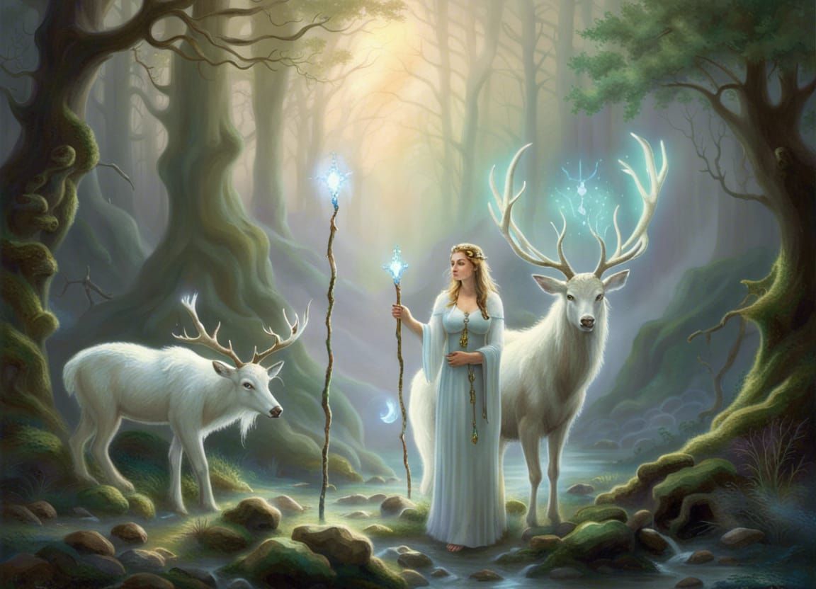 Enchanted Forest Druid with Stag, Ethereal Fantasy