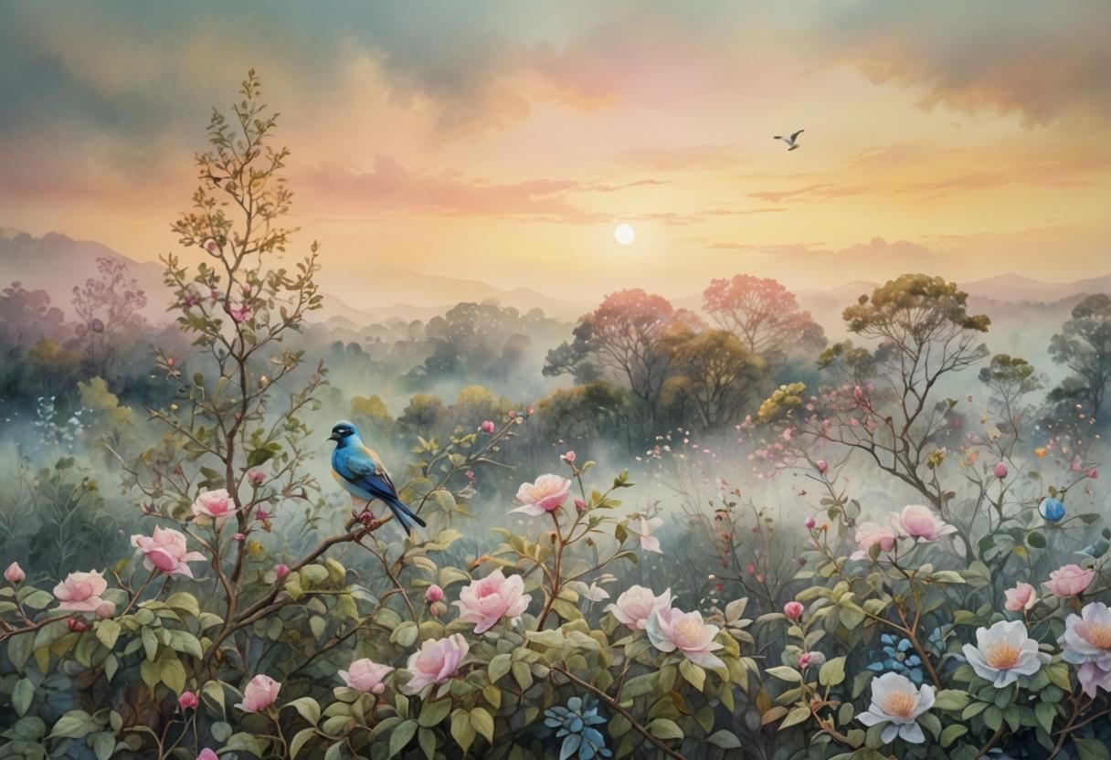 Bird on Rosa Canina in Watercolor Abstract Landscape