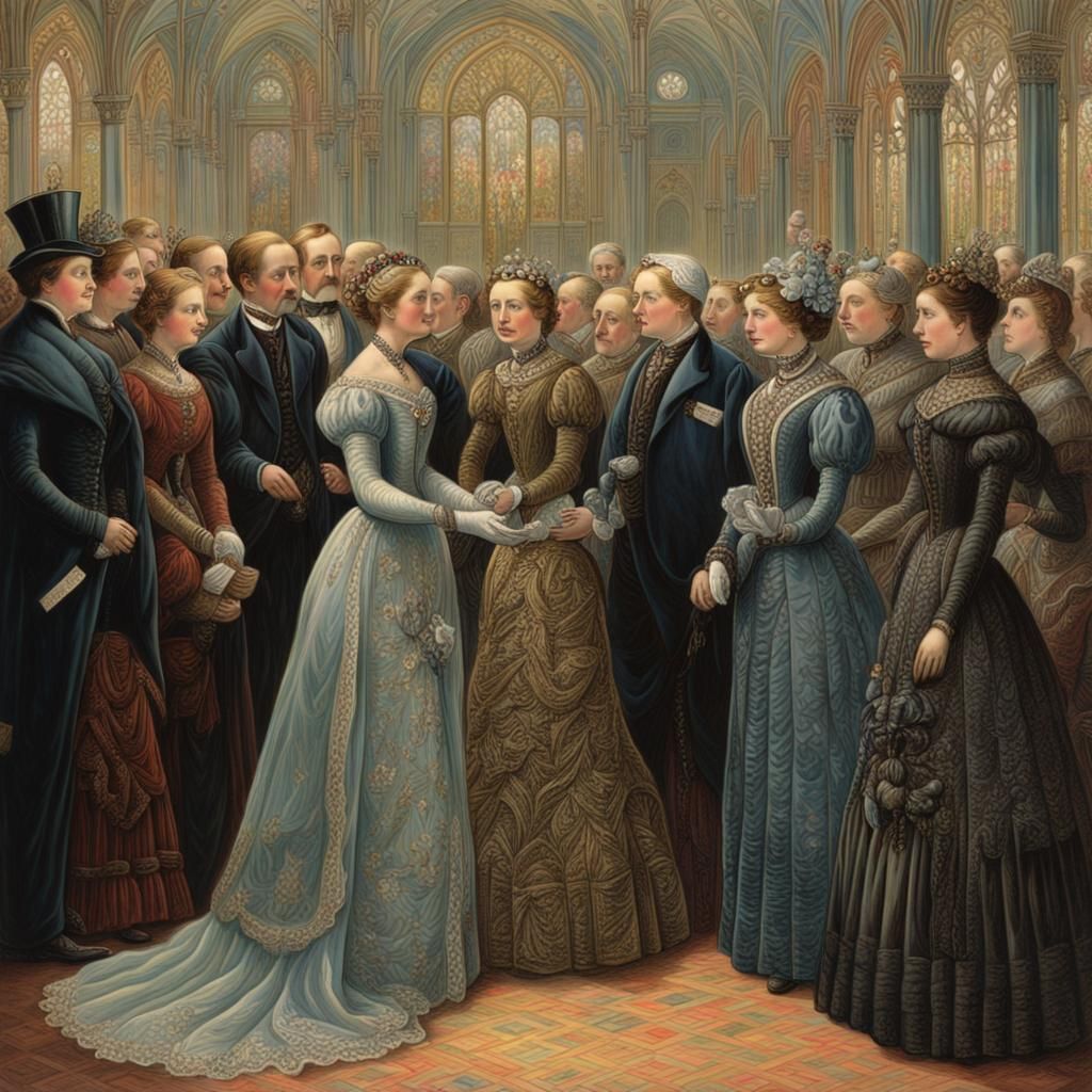 Queen Victoria and Subjects in Gothic Art Style