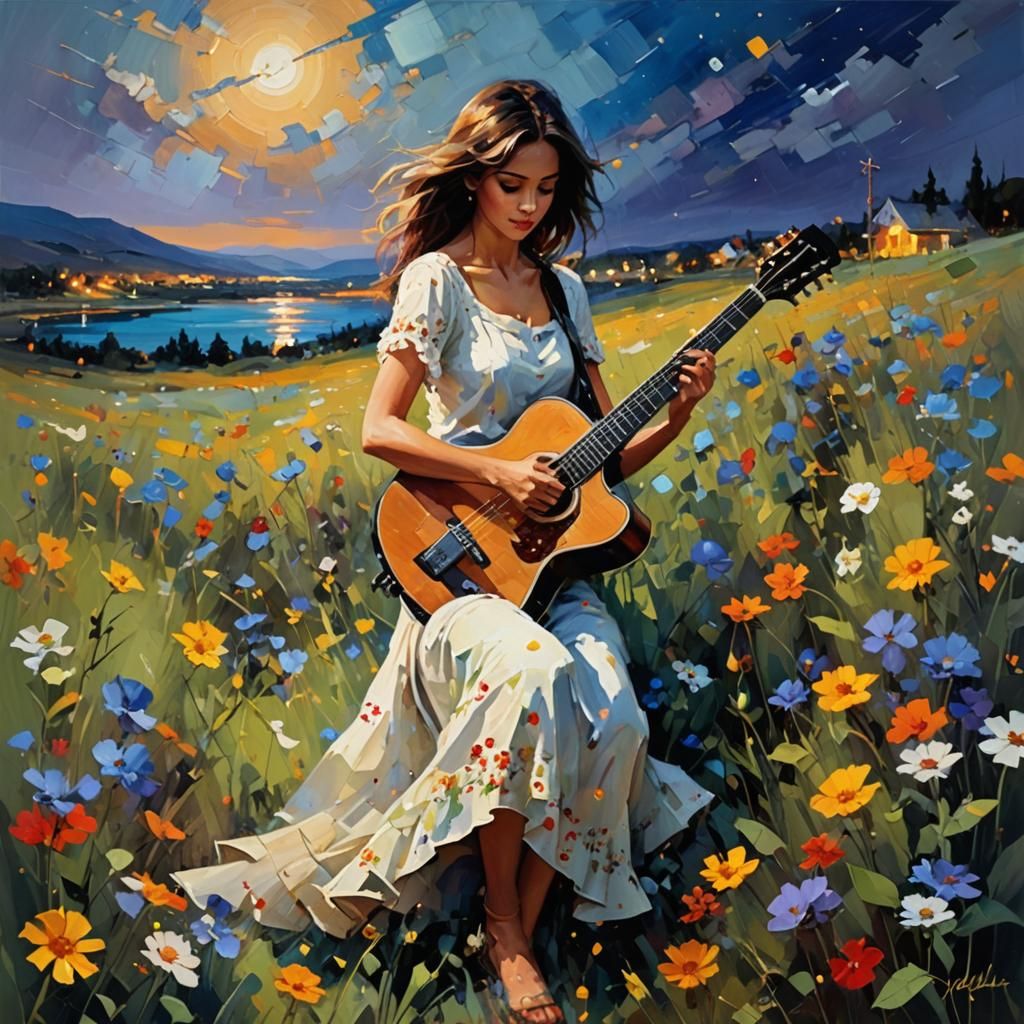 Wildflower Guitar in Night Sky: Impressionistic Style