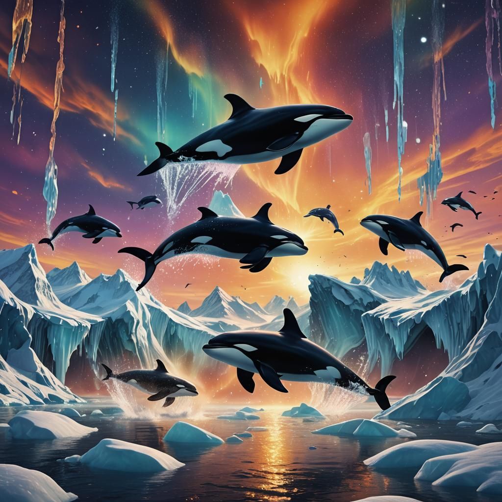 Killer Whales Dancing Under Aurora Borealis