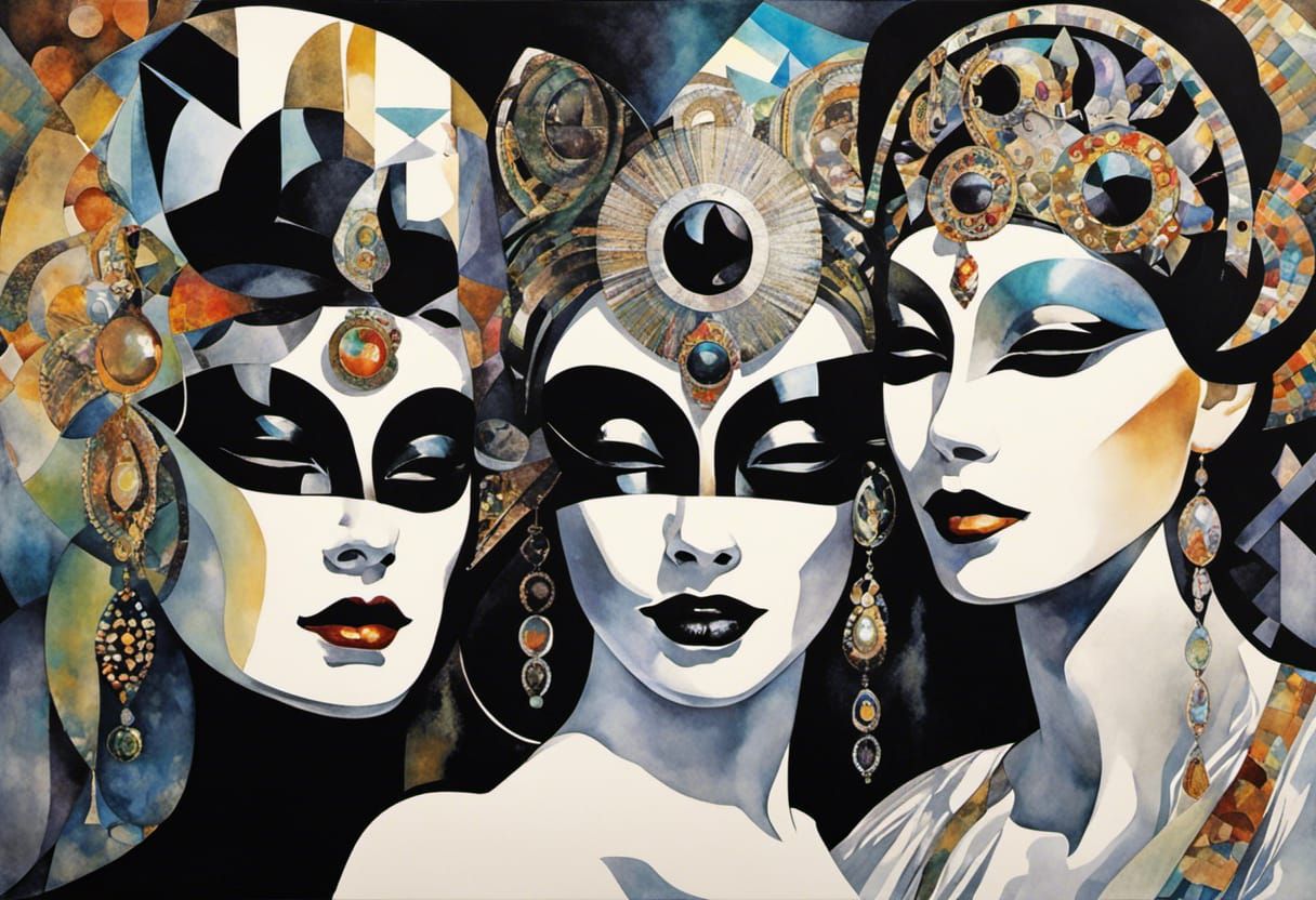 Bohemian Masks in Black and White Collage Style