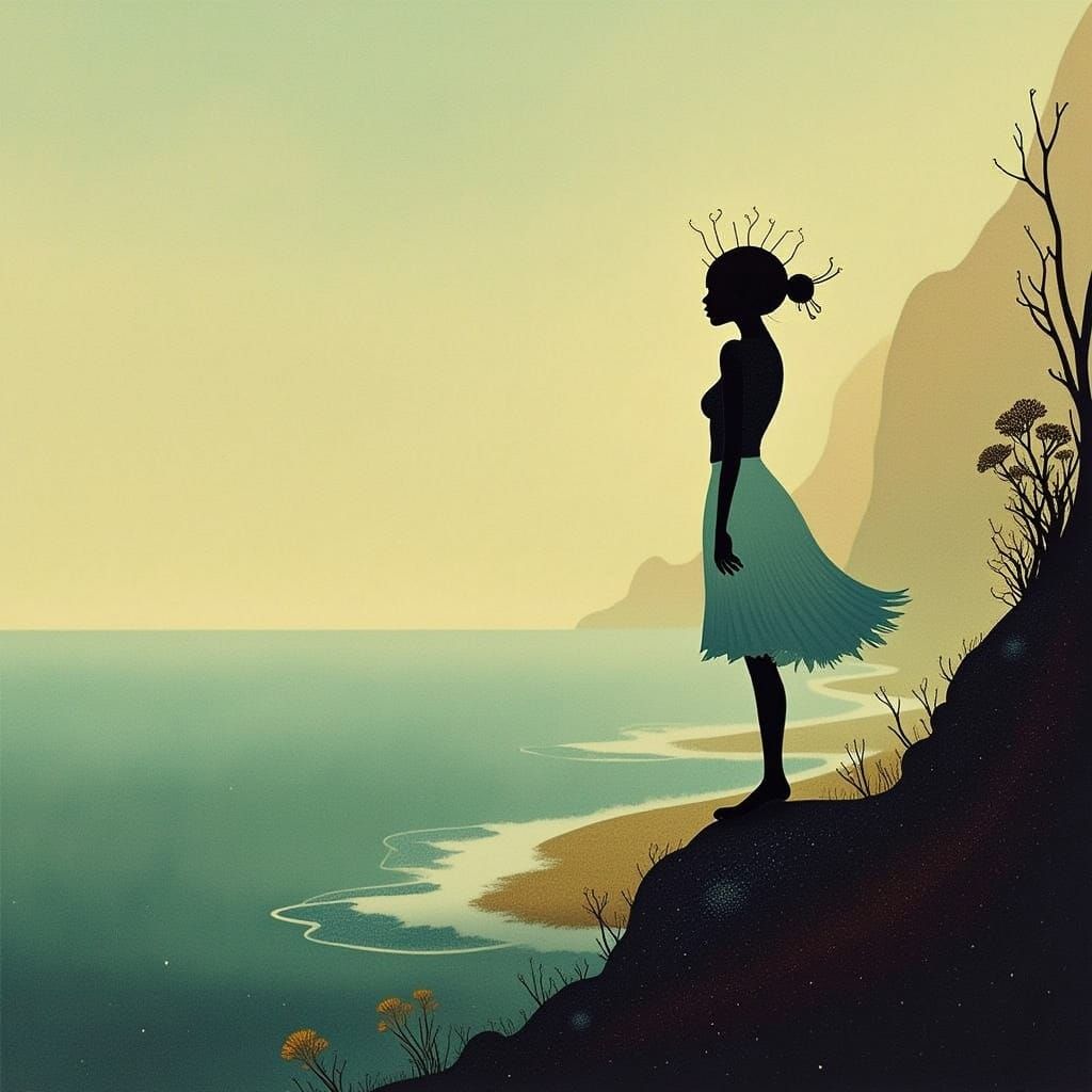 Woman in White Dress on Misty Coastline