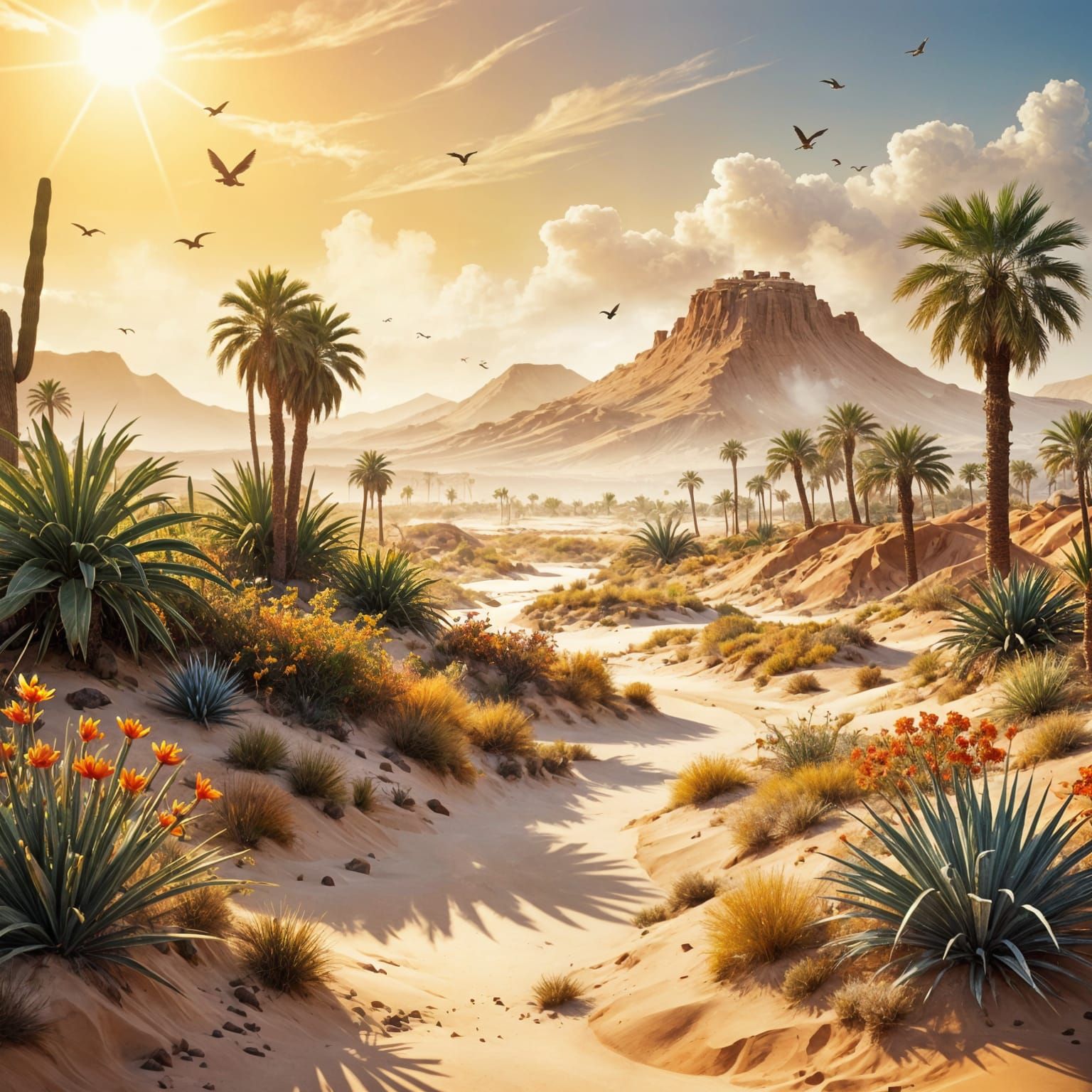 Lush Desert Oasis in Surreal Watercolor Style