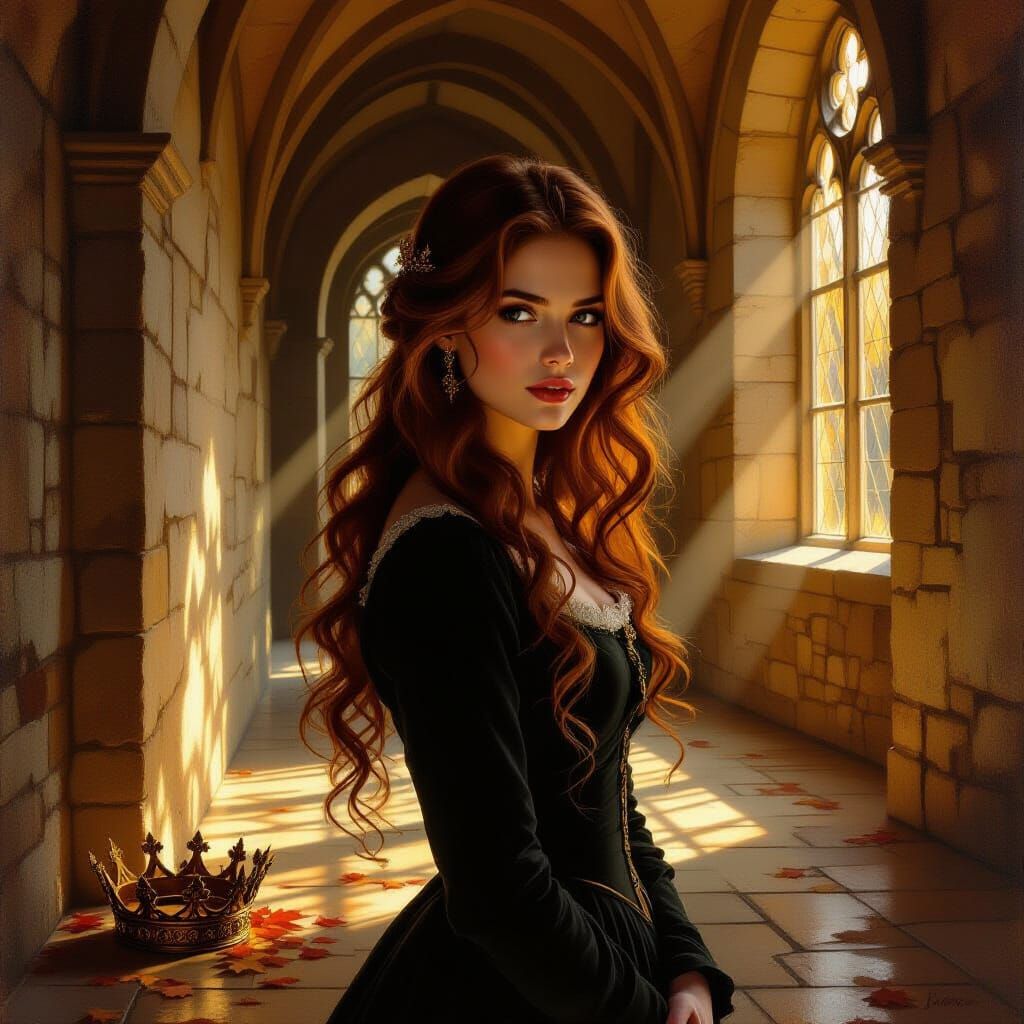 Autumn Castle Scene: Woman in Oil Painting Style