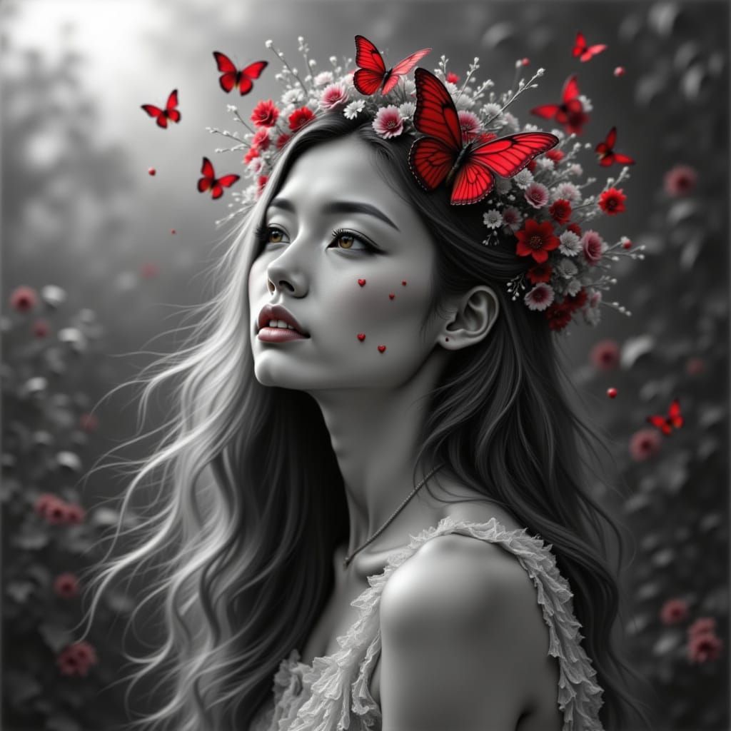 Serene Portrait of a Woman with Red Flowers and Butterflies