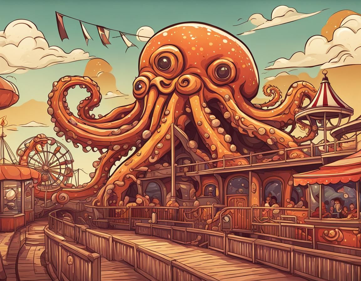 Kraken Amusement Park Illustration in Warm Colors