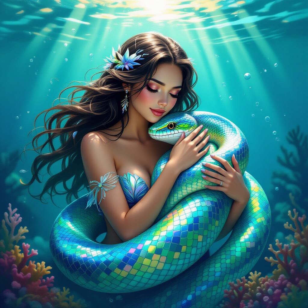 Mermaid and Python in Underwater Fantasy Art