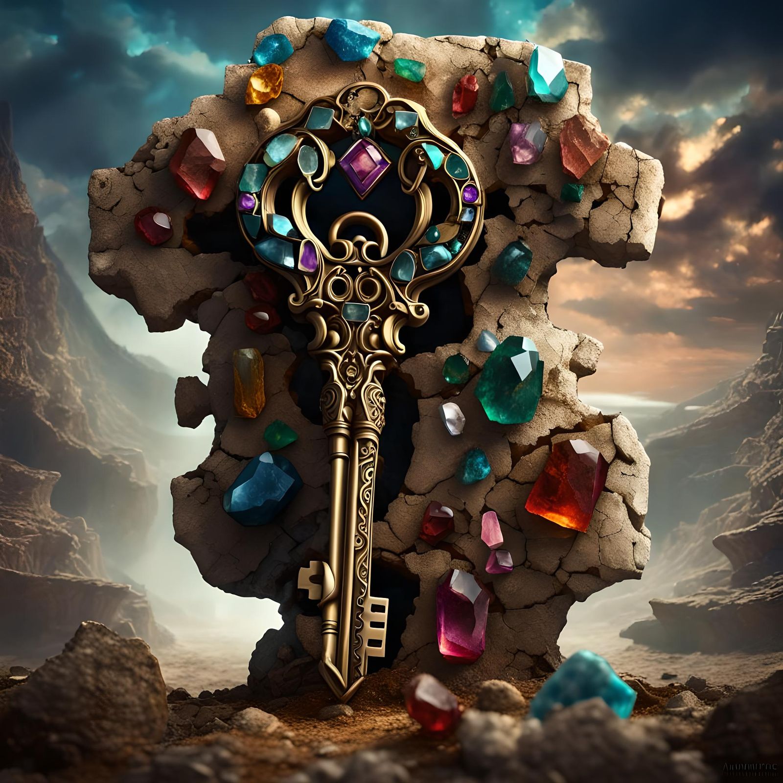 Gemstone Key Sculpture on Cracked Earth